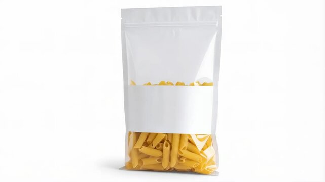 Rigatoni pasta in clear resealable bag with white label, studio shot on bright white background for food preparation or ingredient storage use