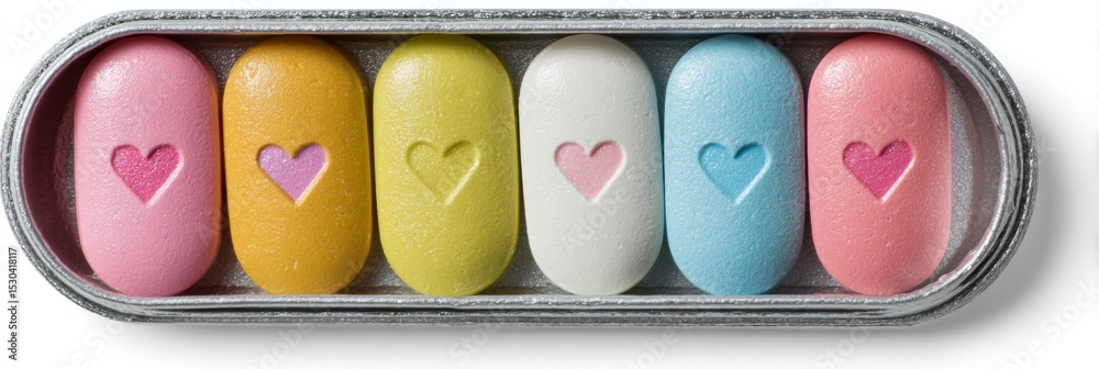 Aufkleber colorful pillbox containing heart icon pills with soft shadows on a clean top margin surface