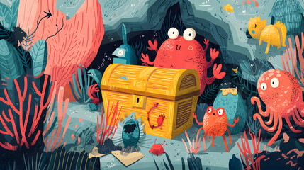 flat illustration of cartoon sea creatures