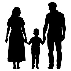 A family silhouette featuring a mother, father, and child holding hands conveys connection and togetherness in a simple black shape, perfect for family-themed designs.