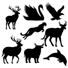 Various animal silhouettes in black are arranged on a white background creating a diverse wildlife scene ideal for logo designs, graphic elements, and nature-themed illustrations.
