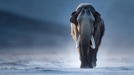 Majestic prehistoric elephant striding across a frosted plain.