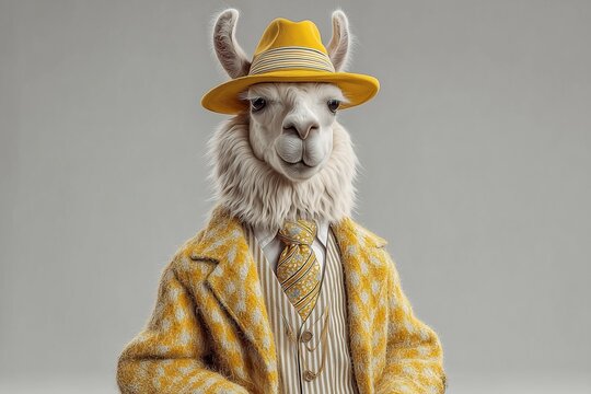 A cool llama in a gangster zoot suit with a pocket watch, smirking confidently on solid white background.
