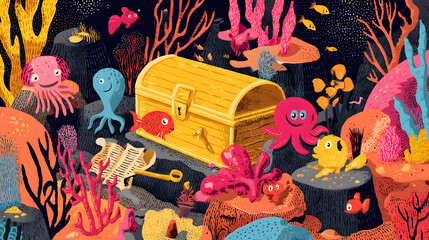 flat illustration of cartoon sea creatures