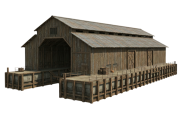 Rustic wooden barn structure surrounded by a dock area isolated on a transparent background