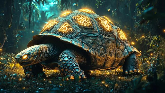 Enchanting golden turtle in mystical forest