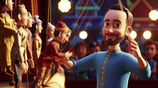 Cartoon Puppeteer with String Puppets on Stage in a Theatrical Setting Warmly Lit