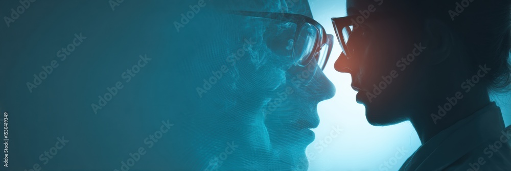 Poster optometrist analyzing patient data in futuristic holographic interface with a clean background
