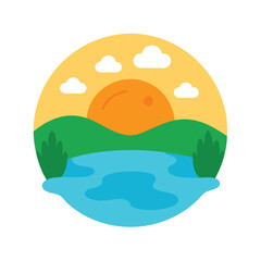 sun setting over a tranquil pond cartoon