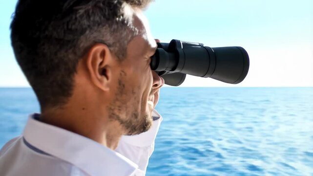Enthusiastic adult man uses binoculars while standing outdoors with ocean view, wearing white shirt, bright sky, horizontal composition