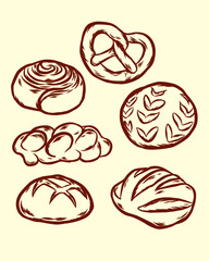 Line art set of bakery products including various types of bread and cakes Outline drawing of bakery products 
