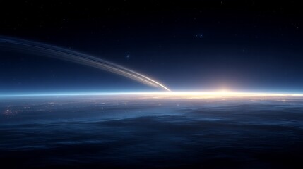 Sunrise view from space over a planet's atmosphere.