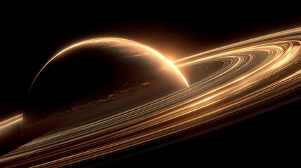 A ringed planet glows in the vastness of space.