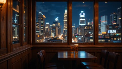 church at night and view city with drink on table