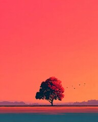 A vibrant sunset silhouette of a singular tree against the sky.