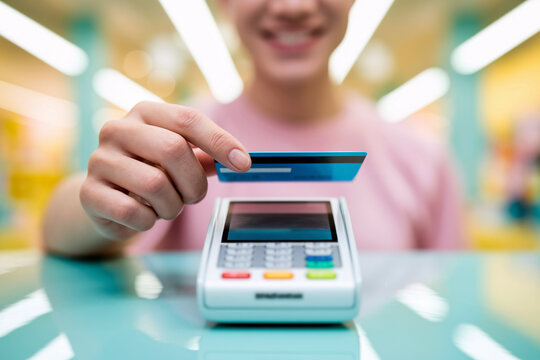 Person tapping credit or debit card on payment terminal. Contactless transaction in store