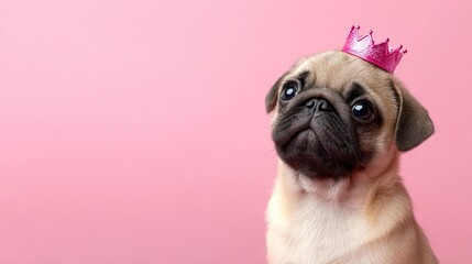 Obraz premium A cute pug wearing a crown against a pink background.