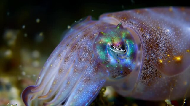 Close Up View Of A Colorful Cuttlefish With An Iridescent Surface In Dark Background