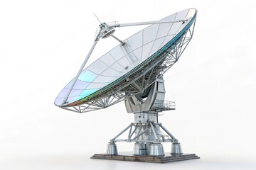 A large satellite dish antenna stands on a sturdy base. The dish is metallic and reflects light. It is used for communication and data transmission.