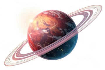 A colorful planet with rings, featuring vibrant red and blue hues. Stars and cosmic elements surround the planet, creating a space-themed scene.