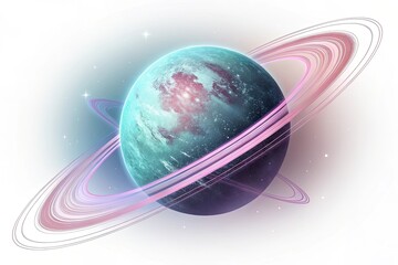 A stylized planet with rings, featuring a blue-green surface and pink accents. The background is a soft gradient, enhancing the cosmic theme.