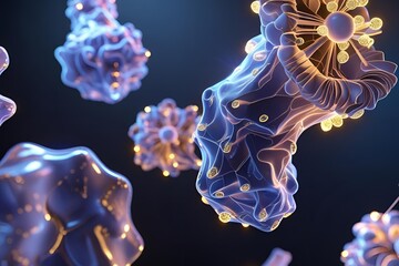 Abstract biology shapes, glowing textures, science theme