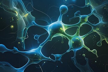 Abstract biology shapes, glowing textures, science theme