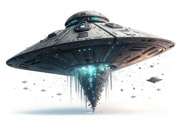 A futuristic flying saucer hovers above, emitting blue light and surrounded by smaller spacecraft. The design features metallic textures and intricate details.
