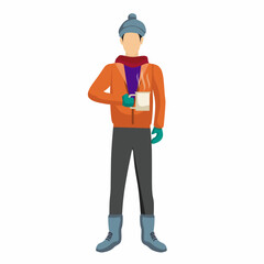 Man wearing winter outfit. Street fashion stylish man wearing trendy modern autumn or winter street style outfit. Flat vector illustration.