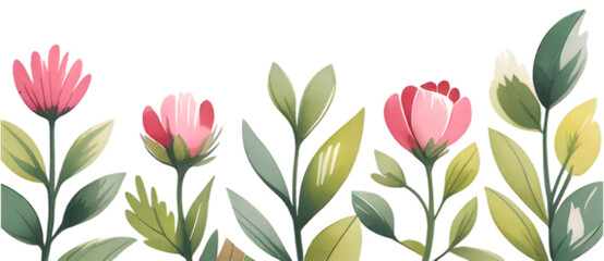 Obraz premium Hanging Pink Flowers and Green Leaves Watercolor Illustration Transparent Background
