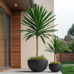 Fototapeta premium Two large potted yucca plants with spiky green leaves on modern patio, wooden siding and garden visible