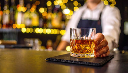 Closeup shot reveals crystal glass of amber whiskey resting on chilled slate coaster, with bartender presenting it against backdrop of warm, glowing lights, creating cozy atmosphere