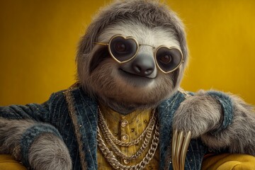 Fototapeta premium A dapper sloth in a velvet blazer, chunky gold chain, and heart-shaped goggles, lounging on bright yellow background.