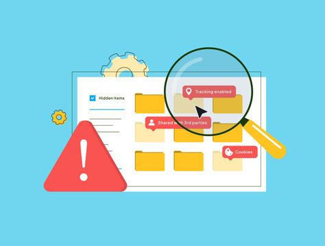 Data surveillance practices reveal hidden metadata like cookies, logs, tracking details and behavioral patterns masked under normal folder structure for digital privacy awareness vector illustration