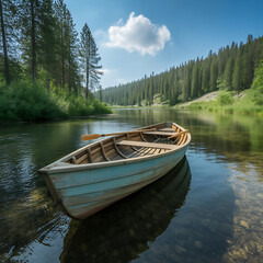 Obraz premium Fishing boats and canoes gently glide across the calm lake, reflecting the summer sky and surrounding green forest landscape