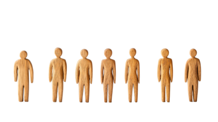 A group of wooden people standing on a transparent background, suitable for business team concept. PNG
