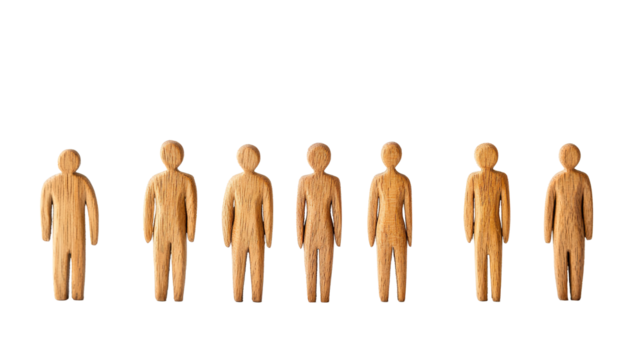 A group of wooden people standing on a transparent background, suitable for business team concept. PNG