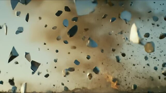 Explosion With Debris Scattering in Air Against a Pale Sky Dramatic Impact