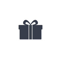 Simple dark blue icon of a wrapped gift with a ribbon bow against a white background