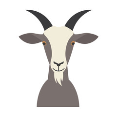Stylized flat vector of a goat's head with cream, gray, and black, on a plain white background