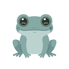 Illustration of a stylized, green, cartoon frog with big eyes on a plain white background