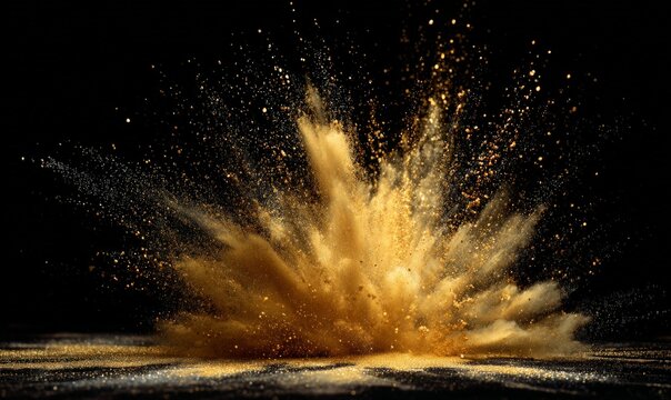 A dramatic explosion of golden dust particles against a dark background, illuminated by soft light. - Powered by Adobe