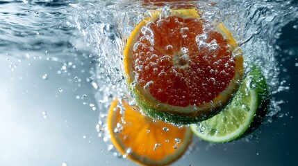 Citrus fruit slices splashing in water.