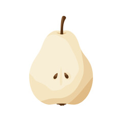 Cut pear with brown stem and seeds, with soft, cartoonish shading and off-white color on a white background