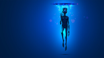 The alien hovered in the teleport. A scary alien with big eyes and a hand. A fantastic teleporter or time machine hanging from the ceiling in a blue glow. Vector illustration of an alien character.