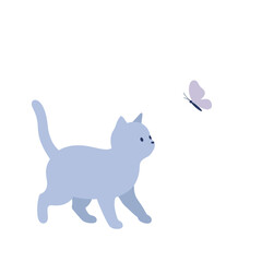 Minimalist illustration of a blue cat looking at a lavender butterfly on a white background