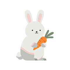 Whimsical, cartoon-style illustration of a smiling bunny holding a large orange carrot