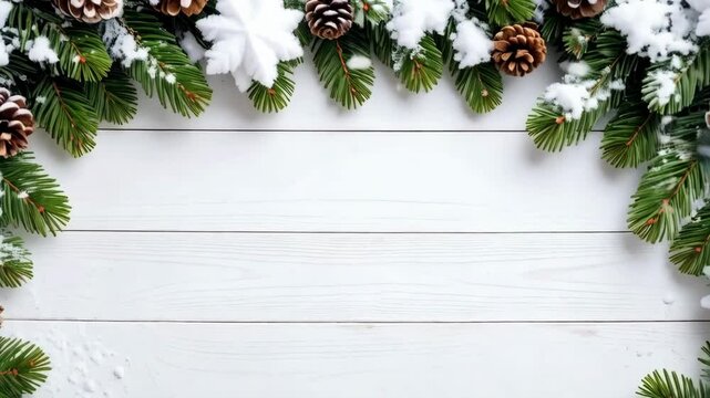 Festive winter holiday frame with pine branches, pinecones, snowflakes and white wood background with copy space.
