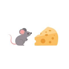 Cartoon mouse stands beside a wedge of Swiss cheese against a white background