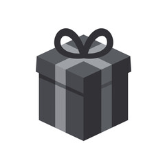 Geometric tall gift box with dark gray ribbon bow, monochrome, on white background